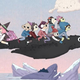 Summer Camp Island's Susie and the campers flying on the back of a giant bird over a frozen tundra.